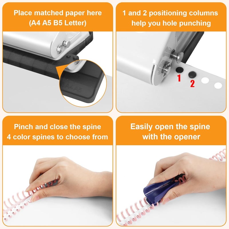 Hoqqf 10 Hole Punch Binding Machine for Planners with 10 Multi-Color Binder Rings, 30 Holes on A4, 20 Holes on A5, 26 Holes on B5, 10 Sheet Capacity (White) - Image 4